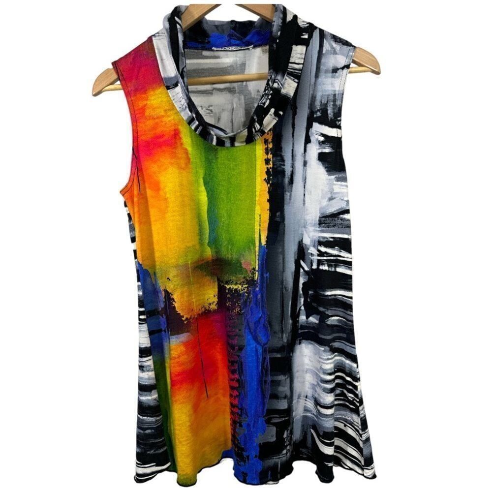 SNO SKINS Women’s Cowl Neck Abstract Print Sleeveless Tunic Top Black Small